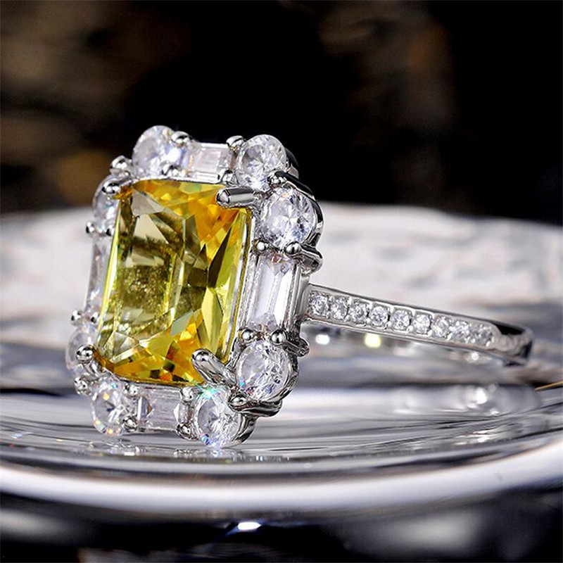 2021 Top Sell Cocktail Luxury Jewelry 925 Sterling Silver Princess Cut Yellow Topaz CZ Diamond Party Promise Women Wedding Engagement Band Ring For Lo