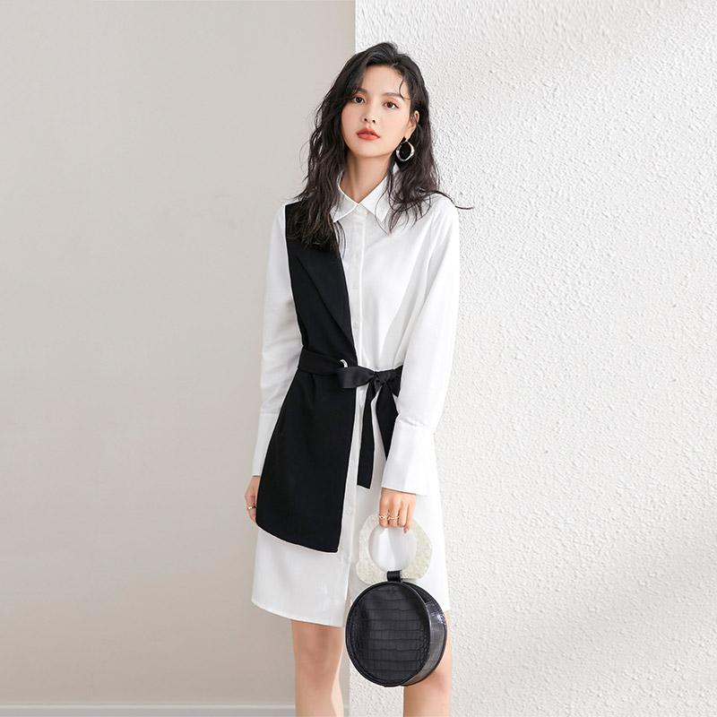 Fashion Shirt Dress Women 2021 Black White Patchwork Long Sleeve Turn Down Collar Single-breasted Short Mini Casual Dresses