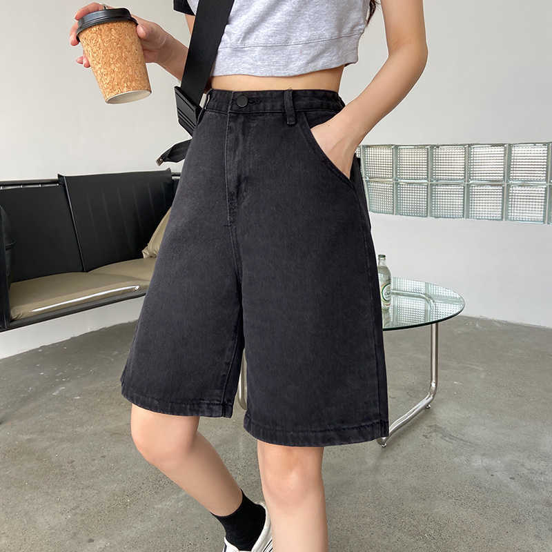 Ailegogo Summer Women High Waist Wide Leg Black Denim Shorts Casual Female Loose Straight Button Jeans Bermuda 210714