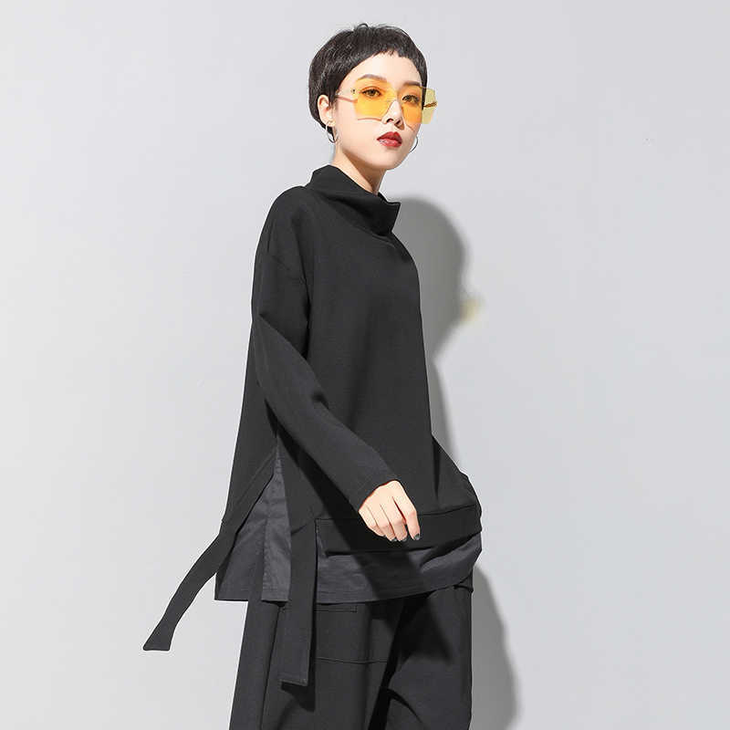 [EAM] Loose Fit Asymmetrical Oversized Sweatshirt High Collar Long Sleeve Women Big Size Fashion Spring Autumn 19A-a124 210910