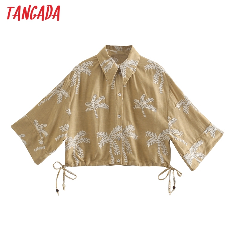 Women Retro Embroidery Romantic Crop Long Sleeve Chic Female Shirt Blouse Tops JE07 210416