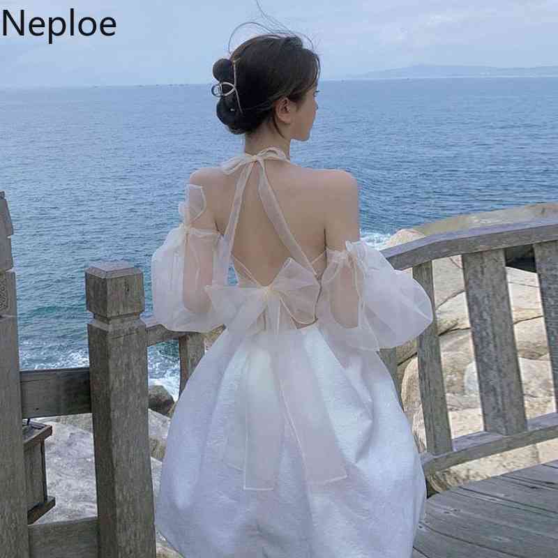 Neploe Party Dress Women Sweet Chic Princess Dresses Lace Up Halter Backless Vestidos Mujer Sexy Lady Summer Sweet White Robe 210422