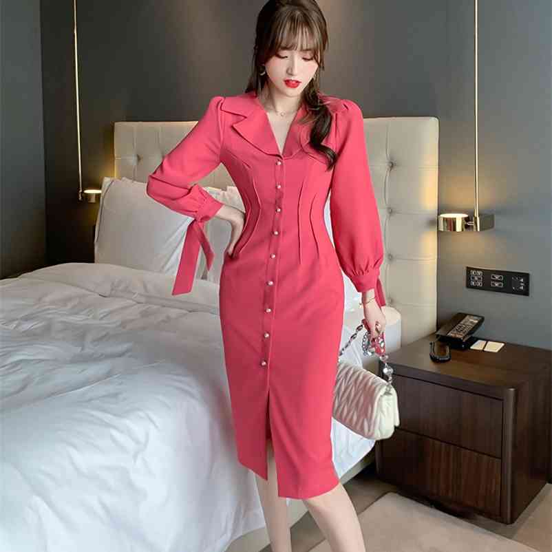 Celebrity Lapel dress fall / winter women' single breasted waist fashion slim fit Office Lady Polyester Zippers 210603, Rose red 
Celebrity Lapel dress fall / winter women' single breasted waist fashion slim fit Office Lady Polyester Zippers 210603, Rose red