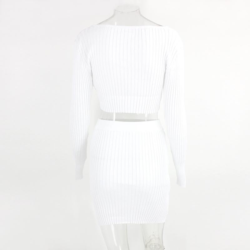Fuedage White 2 Piece Set Women Knitted Suit Crop Top Mini Dress Long Sleeve Two V Neck Female Matching Outfits