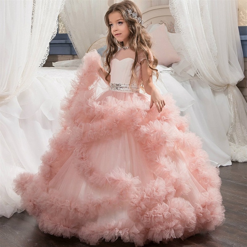 pink blue Girls Pageant Dresses Layer Champagne Ruffles Cute Flower Girl Dresses Spaghetti Strap Toddler Prom Dress Lace Ball Gown Wedding Dresses