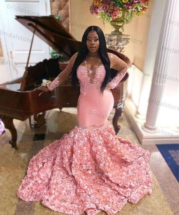 Gorgoues Pink African Mermaid Evening Dresses With 3D Florals Sexy V Neck Illusion Long Sleeve Prom Dress Beaded Lace Formal Gowns For Black Girls Rob