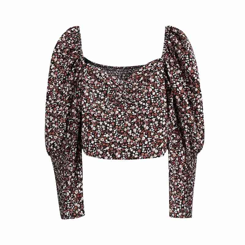 Vintage Women Floral Print Shirts Fashion Ladies Chiffon V-Neck Tops Streetwear Female Chic Puff Sleeve Blouses 210430