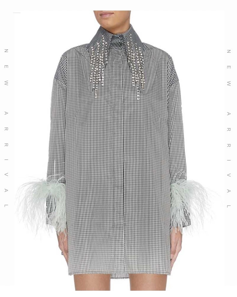 Australia Heavy Industry Rhinestone Fringed Feather Plaid Shirt Dress, White
