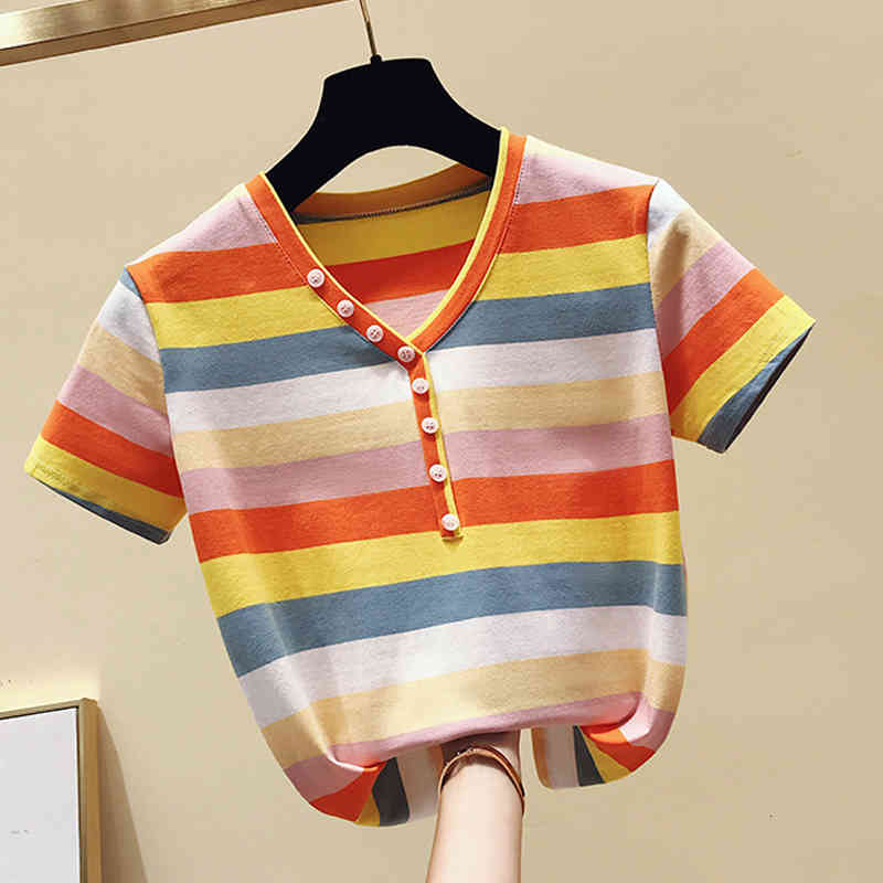 Women' T-Shirt shintimes Cotton Fashion V-Neck Rainbow Striped Slim Tee Femme Short Sleeve T Women Summer Tops 1OJQ, Yellow
Women' T-Shirt shintimes Cotton Fashion V-Neck Rainbow Striped Slim Tee Femme Short Sleeve T Women Summer Tops 1OJQ, Yellow