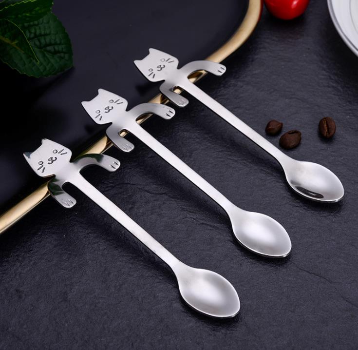 500pcs Stainless Steel Coffee Tea Spoon Mini Cat Long Handle Creative Hanging Spoons Drinking Tools Kitchen Gadget Flatware Tableware SN2503