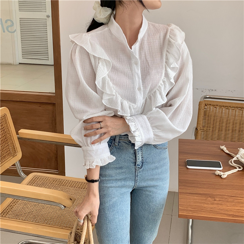 Spring Collared Ruffles Lantern Sleeve Long Sleeve Shirt Solid Cotton White Blouse Vintage Casual Elegant Tops Blusas 210515