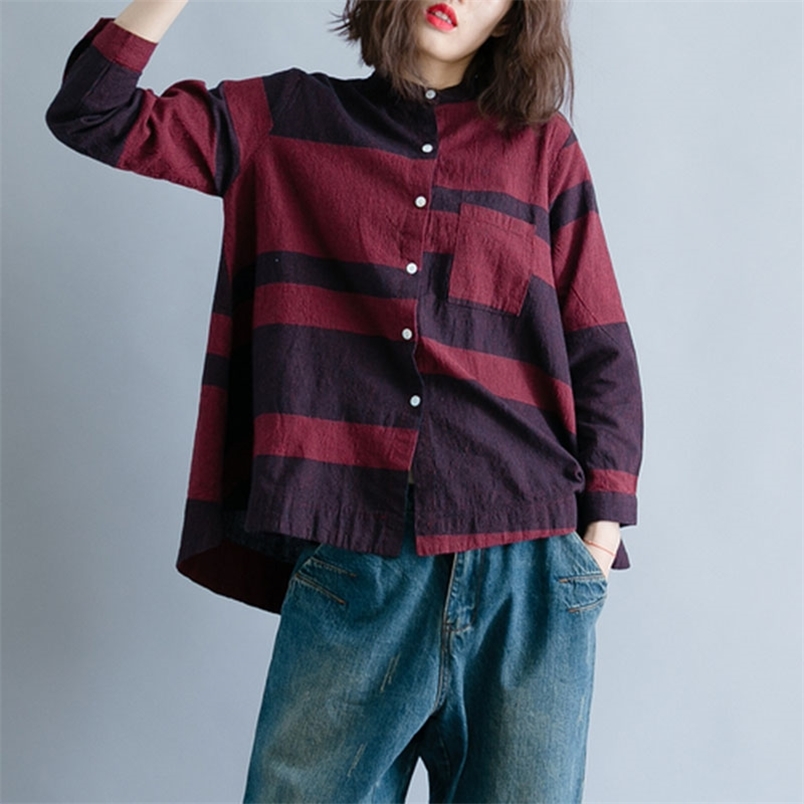 Women Blouse Shirts Long Sleeve Cotton Top Striped Casual Lady Loose Clothing Plus Size Blusas Feminina A360 210512
