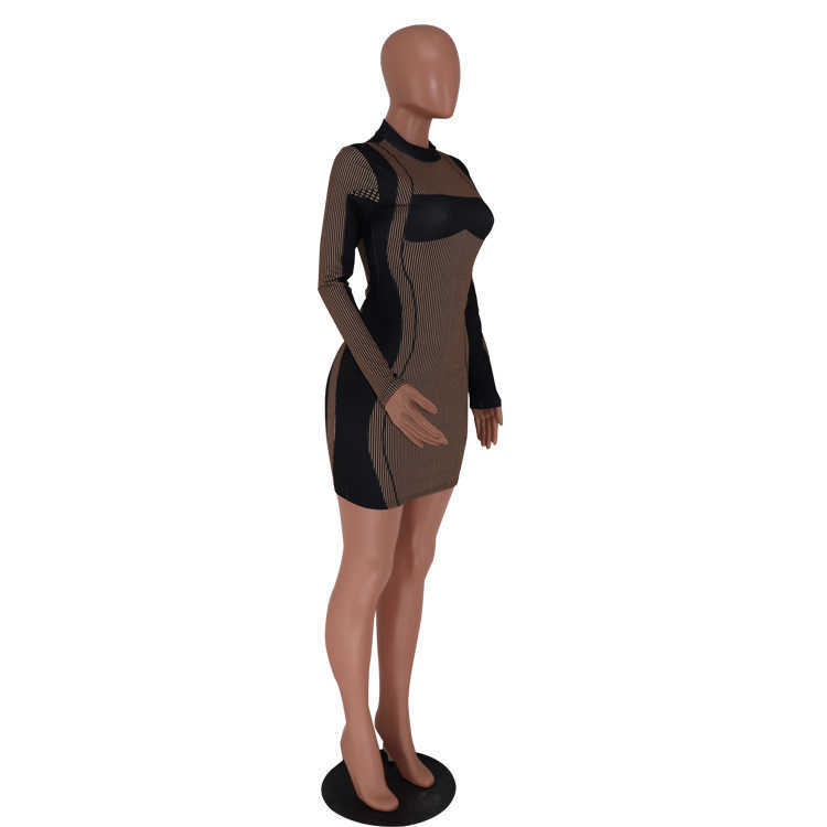 Patchwork Striped Dress Long Sleeve Pullover O-neck High Waist Slim Sexy Short Summer Mini Black Bodycon es Clubwears 210604