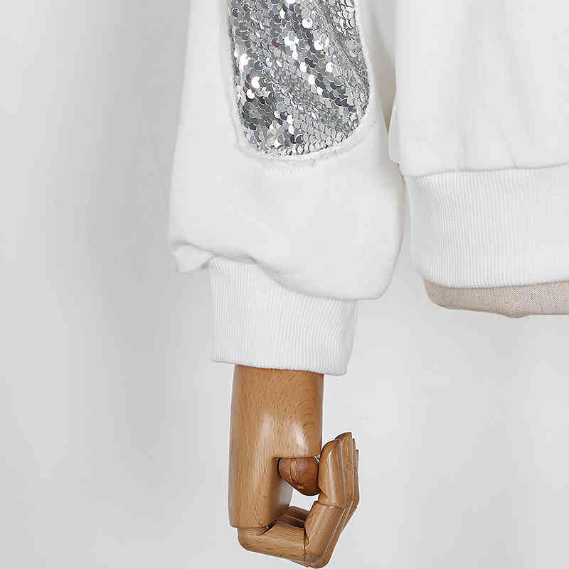 TOWTWINSTYLE Sequins Casual White Sweatshirt For Women O Neck Long Sleeve Irregular Patchwork Sweatershirts Female 210524