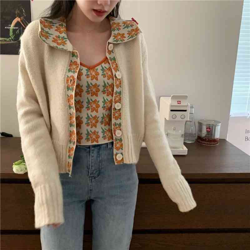 Sweaters Jumpers Floral Print Camisole Sexy Tops Retro Fashion Sweet Long Sleeve Peter Pan Collar Cardigan Flower Knitted Jacket 210429