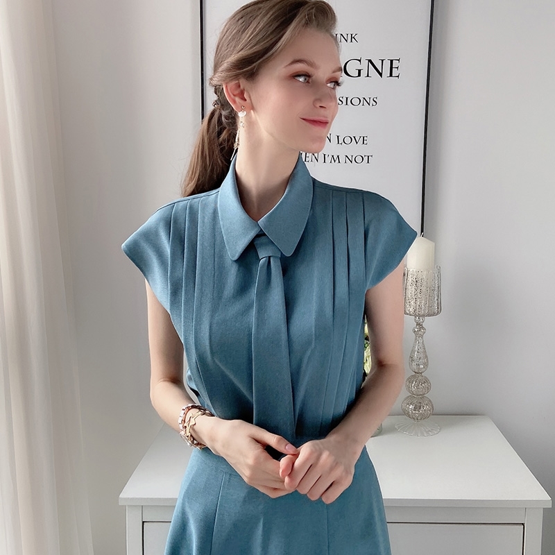Dabuwawa Blue Tie Pleated Shirt Top Long A-Line Skirt Set Women Short Sleeve Elegant Two Pieces Sets Office Lady DT1BSA008 210520