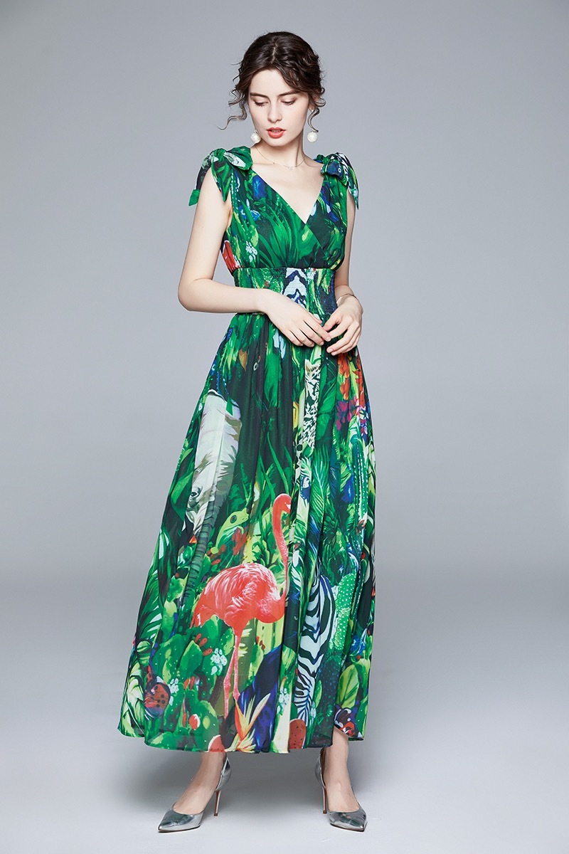 vintage tropical rainforest printed v-neck lace up high waist chiffon maxi dresses slim sleeveless bow party boho dress 210421