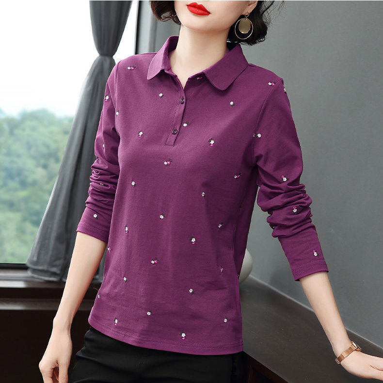 Cotton Long Sleeve T-shirts Women Spring Fashion Lapel Button Floret Embroidery Thin Polo Tshirt Ladies Loose Bottoming Tops 210522