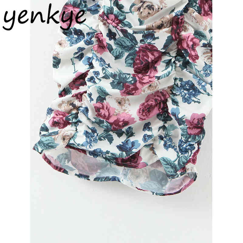 Vintage Floral Print Draped Bodycon Dress Women Short Sleeve V Neck Sexy Mini Dress Summer Casual Party vestidos mujer XQB623 210515