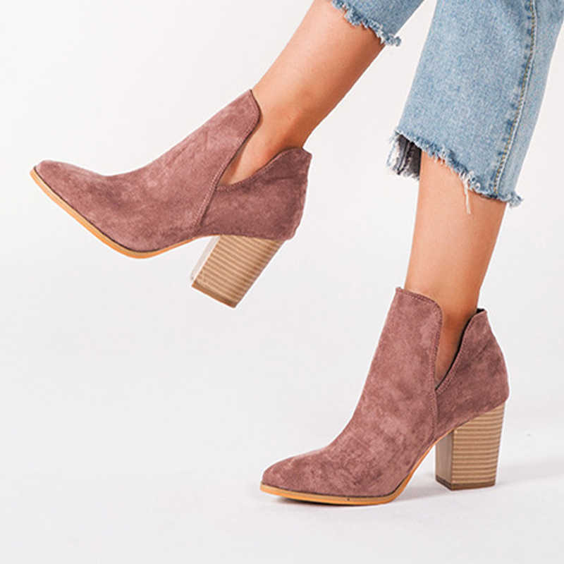Women's Ankle Boots V Shaped Pointed Toe Women Booties 2021 New Ladies Flock Solid Color Thick Heels Footwear Autumn Plus Size Y0914