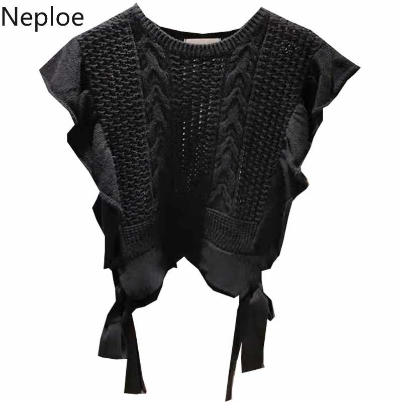 Neploe Korean Fashion Knitwear Sweaters Vest Loose O-neck Ruffles Lace Up Pullovers Tank Knit Ribbed Cropped Waistcoat Tops 210422