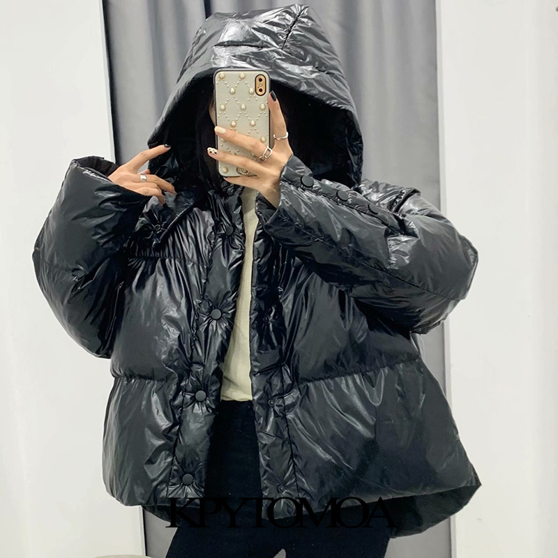 Women Fashion Winter Thick Warm Hooded Parka Loose Shiny Padded Jacket Coat Long Sleeve Female Outerwear 210420