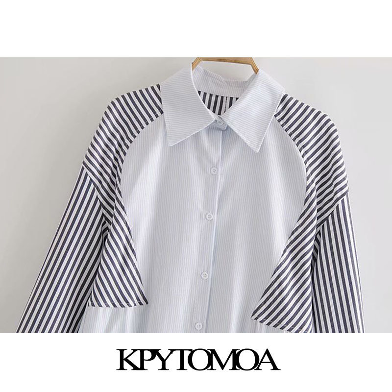 Women Fashion Striped Patchwork Loose Asymmetry Blouses Long Sleeve Button-up Female Shirts Chic Tops 210420