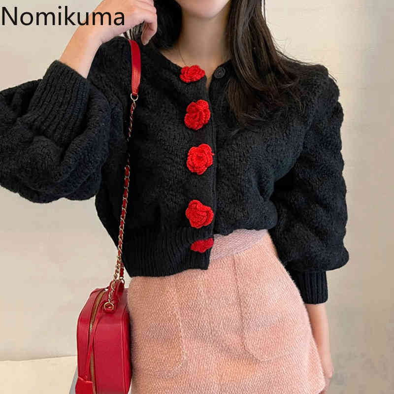 Nomikuma Vintage Puff Sleeve O-neck Sweater Coat Korean 3D Flowers Knitted Cardigan Spring Short Knitwear Tops New 6E182 210427