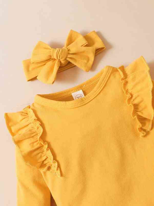 Baby Ruffle Trim Bodysuit & Floral Print Paper Bag Waist Belted Pants With Headband SHE