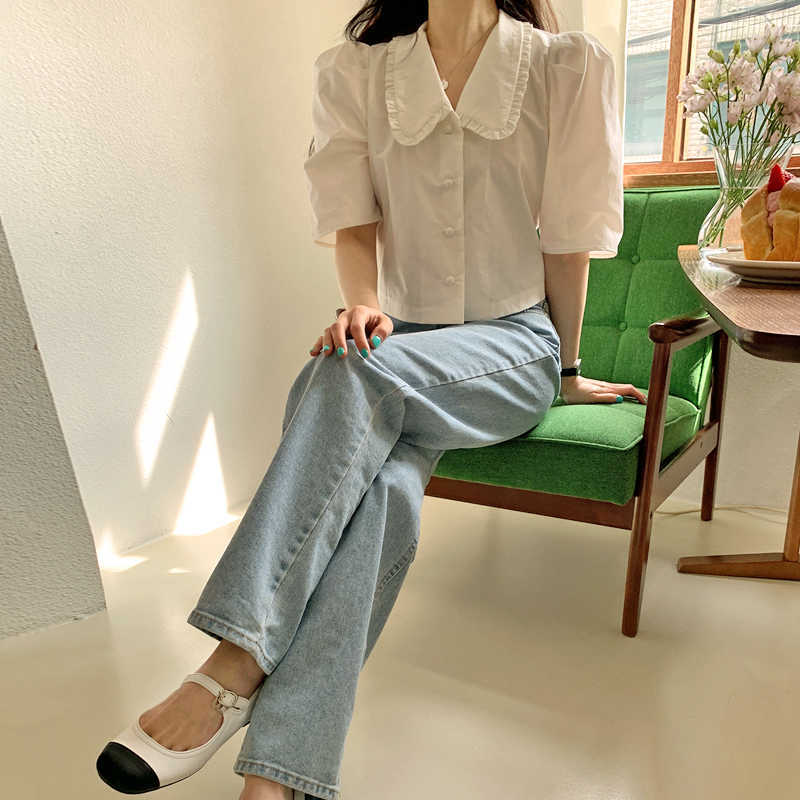 Korejpaa Women Shirt Summer Korean Chic Simple Doll Collar Wooden Ear Stitching Loose Single-Breasted Puff Sleeve Blouses 210526