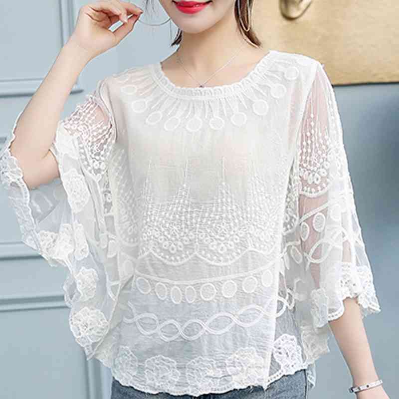 Summer Blouse Women Blusas Mujer De Moda O-neck Embroidery Chiffon Blouse Shirt Women Tops Womens Tops And Blouses C926 210602