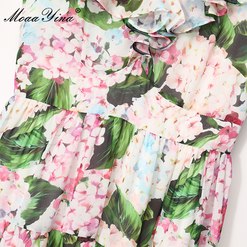 Summer Runway Vacation Dress Women's V-neck Sleeveless Ruffle Fashion Floral print Splicing Chiffon Party Midi 210524