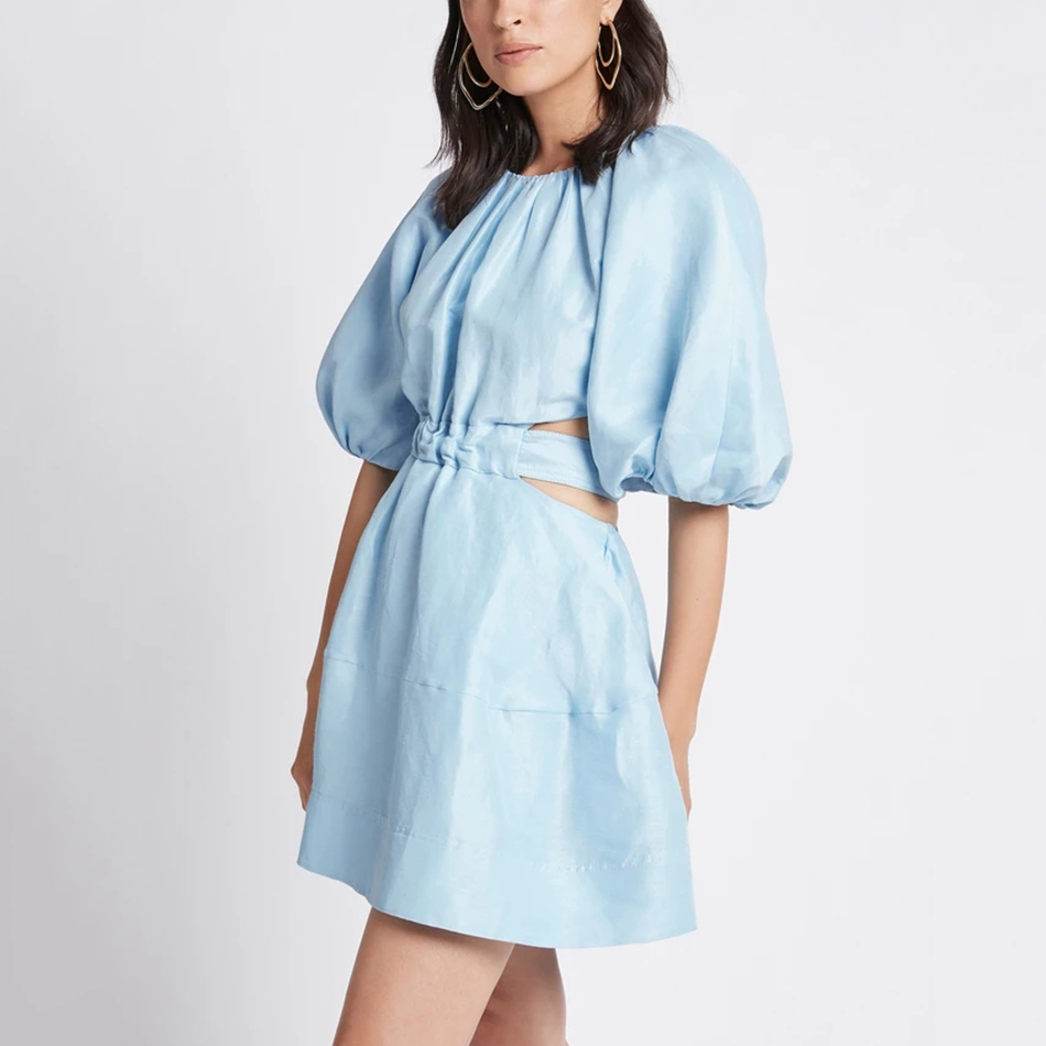 Summer Casual Women'S Sky Blue White Hollow Dress Female O-Neck Puff Sleeve High Waist Sexy Backless Mini 210525