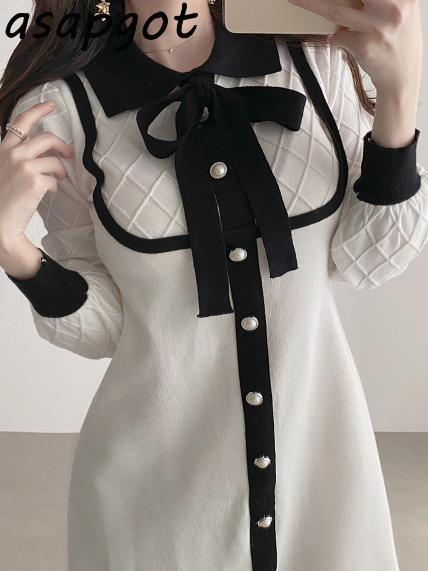 Fashion Vintage Chic Puff Long Sleeve Peter Pan Collar Bow Single-breasted Knitted Dress Women Mini Vestido Feminino Wild Sweet 210429