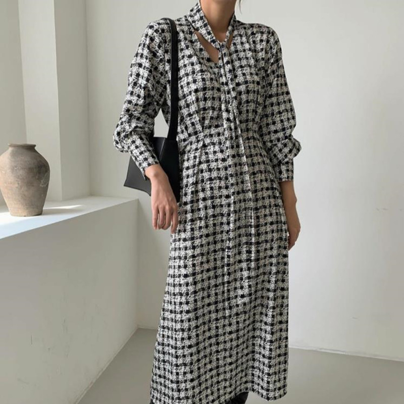 Minimalist Autumn Dress Women Vintage Classic Black and White Print Elegant OL Work Wear Long Dresses Vestidos 210421