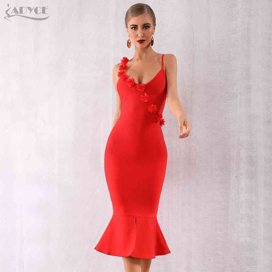 Summer Red Bodycon Bandage Dress Women Sexy Spaghetti Strap Floral Mermaid Club Celebrity Party es Vestidos 210423