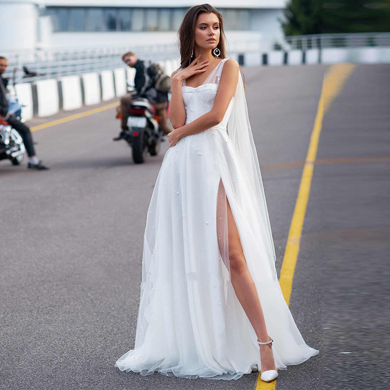 Boho Princess Wedding Dresses Beach Bridal Gowns With Side Split Pearls Beaded Lace-Up Back Robe De Mariee Custom Made Long Bride Dress US2-US26W