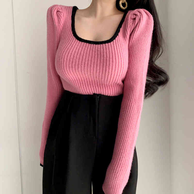 Women Autumn Winter Sweater and Pull Jumpers Square Collar Long Sleeve Soft Warm Solid Korean Chic Knitting Tops 210519