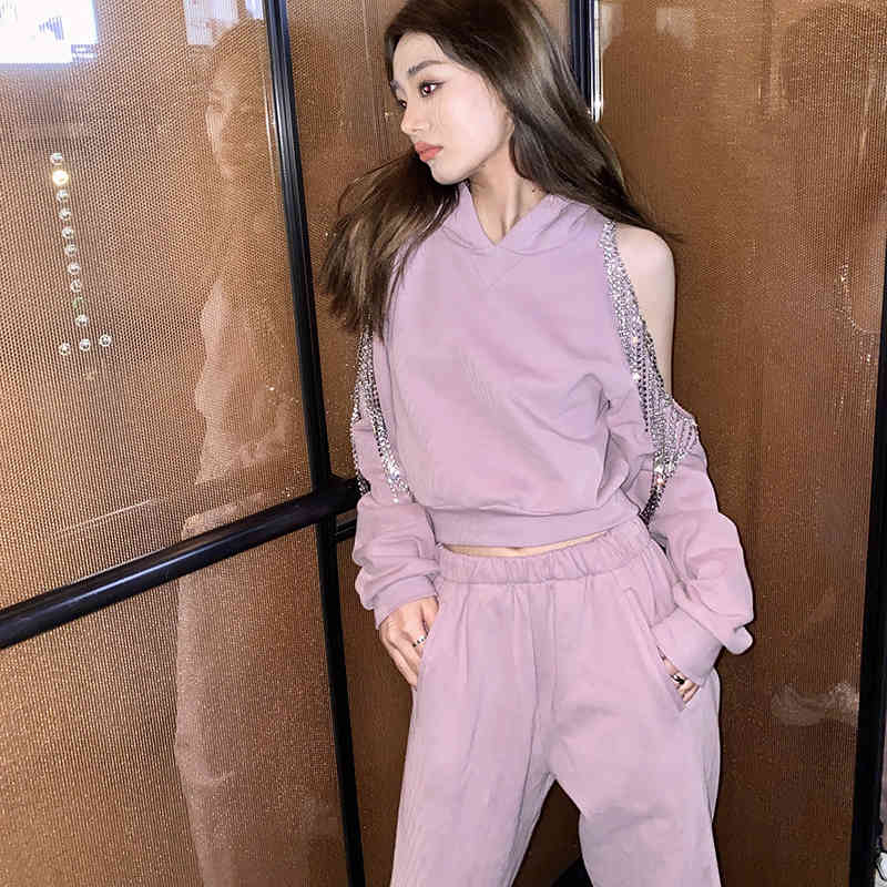 VGH Loose Patchwork Tassel Set For Women Hooded Collar Off Shoulder Tops High Waist Casual Pants Female Sets Spring Tide 210421