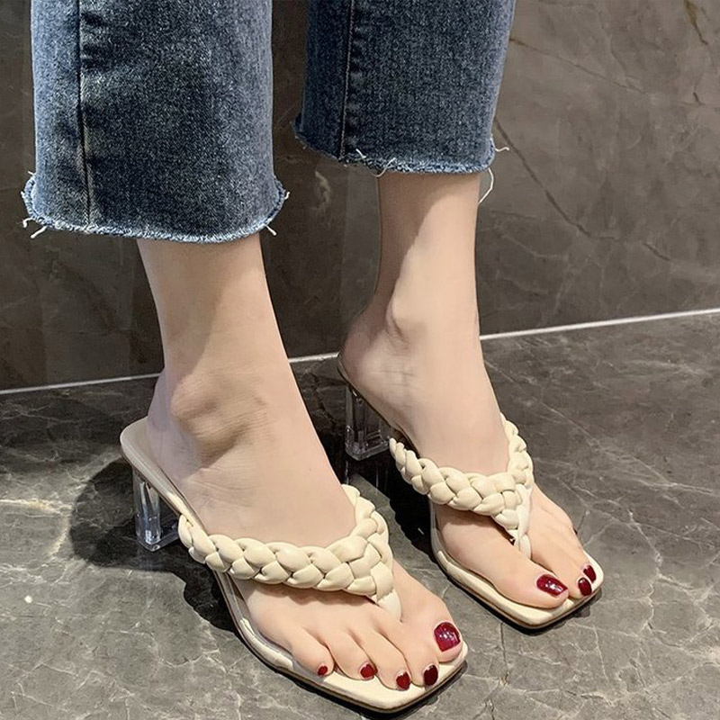 Ladies Fashion High Heels Slippers PU Leather Weave Women Square Toe Slipper Flip Flop Women's Casual Shoes Female 2021 Summer rtyh454w2