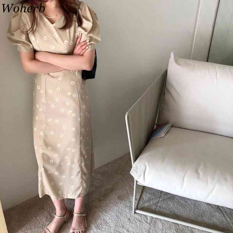 Summer Korean Floral Printed Robe Women Long Dress Short Puff Sleeve V-neck Chic Elegant Dresses Fashion Vestidos Femme 210519