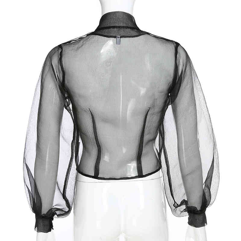 Nomikuma Sexy Perspective Mesh Women Blouse Puff Sleeve Stand Neck Shirt New See Through Chiffon Blusas Feminimos 6D949 210427