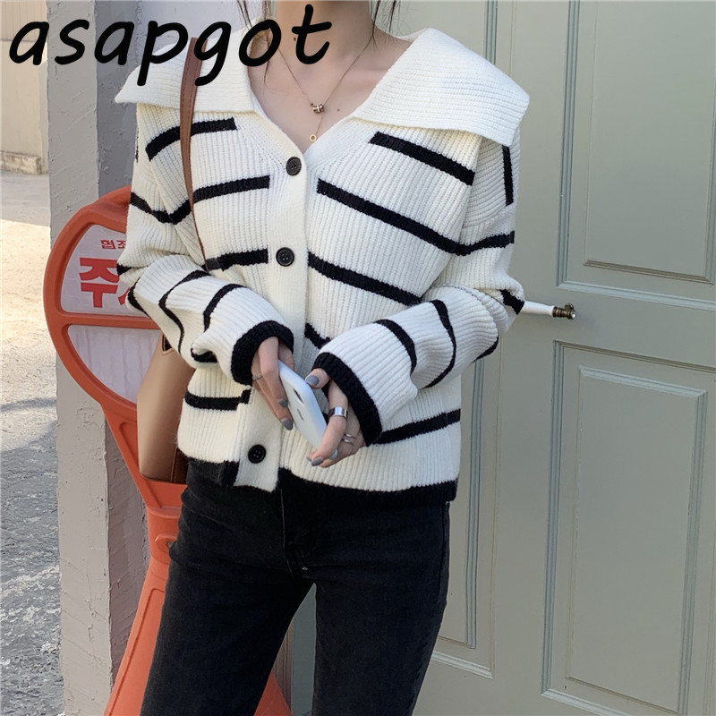 Sweater Autumn Preppy Style Black White Striped Knitted Cardigan Jacket Turn Down Collar Contrast Color Casual Student Men 210429