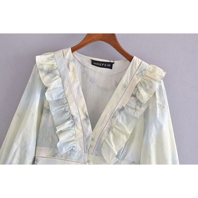Spring Women Chiffon Tie Dye Tops Ruffled Long Sleeves Shirt Chic Lady Fashion Casual Clothes 210517
