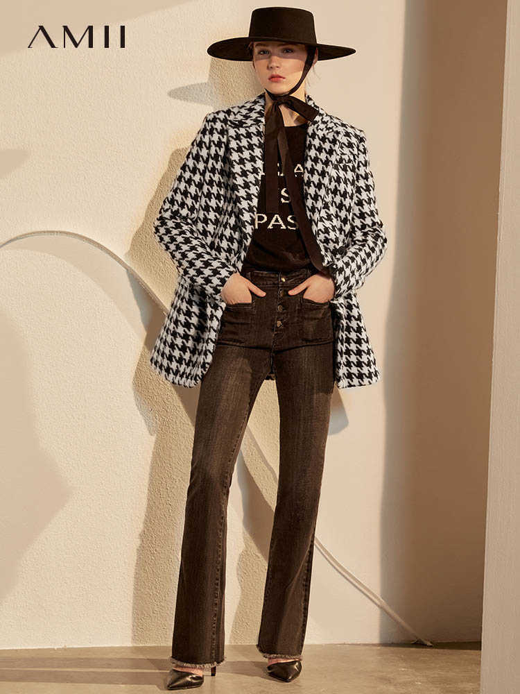 Minimalism Winter Women's Coat Fashion Vintage Lapel Houndstooth Woolen Double breasted Female Jacket 12070584 210527