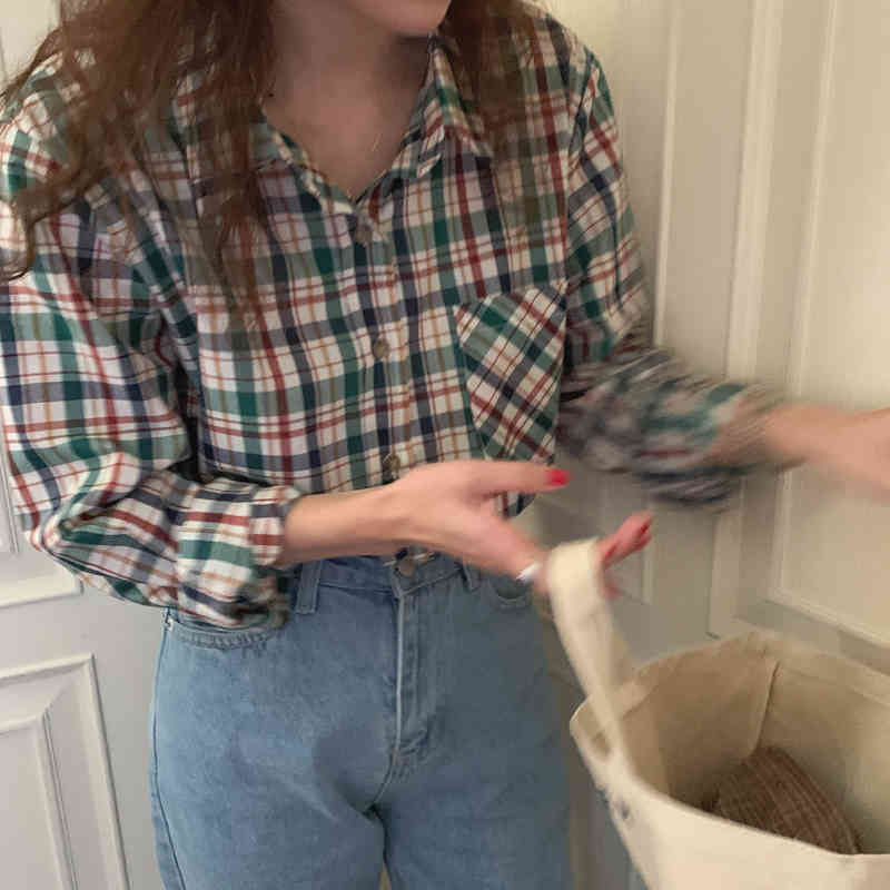 Vintage Gentle Basic Color-Hit Streetwear Basewear Retro Plaid Elegance Girls Loose Geometric Casual Shirts 210421