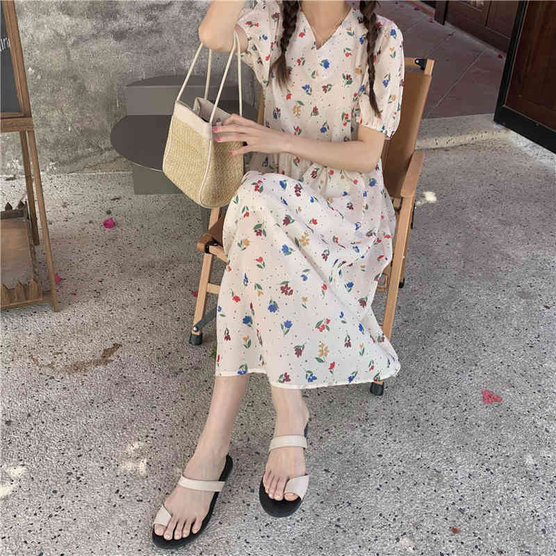 Spring Summer dress korean style floral print V neck a line dress Puff Short Sleeve long dress womens (K8134) 210423