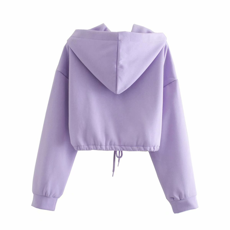 Casual Woman Oversized Purple Short Hoodies Fashion Ladies Autumn Long Sleeve Pullover Female Sweet Drawstring Tops 210515