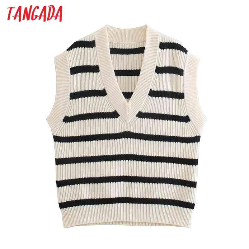 Women Oversized Striped Knitted Vest Sweater Jumper V Neck Sleeveless Female Waistcoat Chic Tops BE477 210416