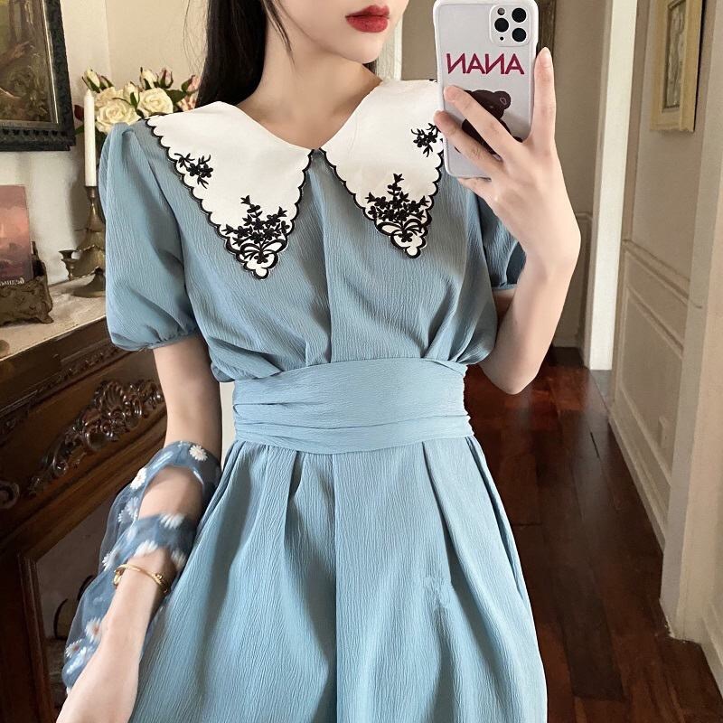 vintage plus size 4XL peter pan collar high waist puff sleeve dress women summer embroidery floral A-line big 210421